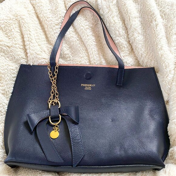 Persaman New York Two-Tone Pebbled Leather Tote Bag – Navy Blue with Pink Interi - Picture 1 of 9